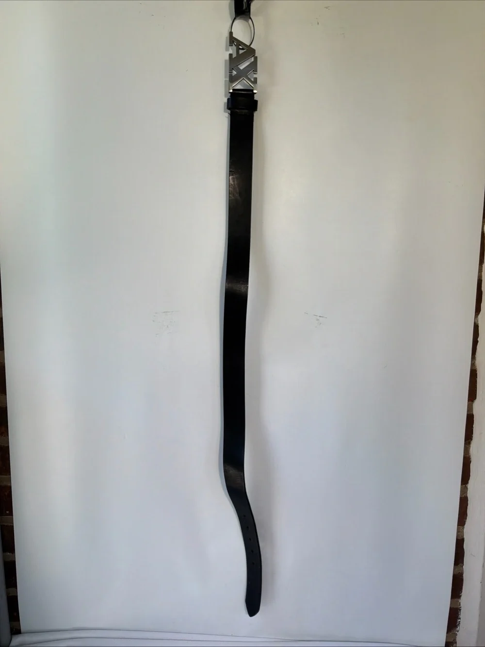 AX Black Leather Belt with Silver Logo Buckle